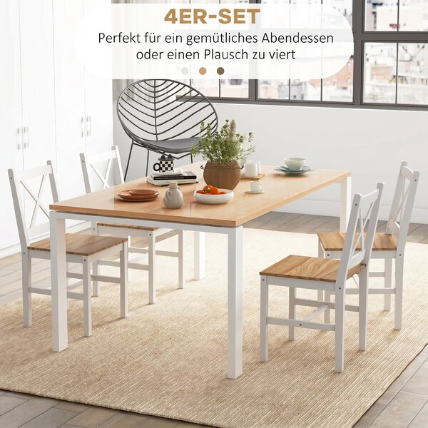 HOMCOM Set 4 Scaune cu Spătar Transversal, Scaune Clasice din Lemn de Pin, 41x46.5x87 cm, Alb | Aosom Romania