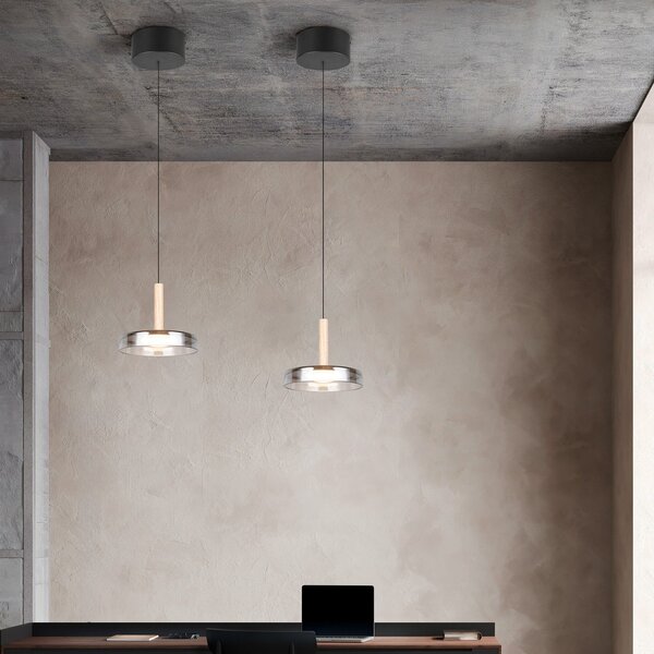 Trio Lighting Lampă suspendată LED Celeste, crom/lemn, Ø 22 cm, sticlă, dimabil, reglabil, Metalic, Camera de zi / sufragerie, Sticlă, Modern