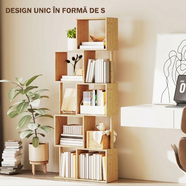 HOMCOM Librărie modernă și asimetrică cu 5 niveluri din bambus, 62.5 x 23 x 165 cm, lemn | Aosom Romania