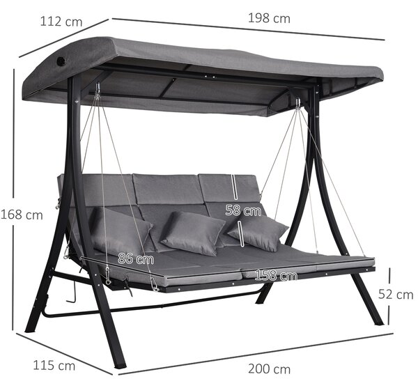 Outsunny Balansoar cu 3 scaune din material textil cu perne si acoperis reglabil gri 200 x 115 x 168 cm | Aosom Romania