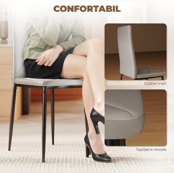 HOMCOM Set de 4 Scaune de Dining cu Spătar Înalt din Imitație de Piele și Oțel, 41x50x97cm, Gri | Aosom Romania