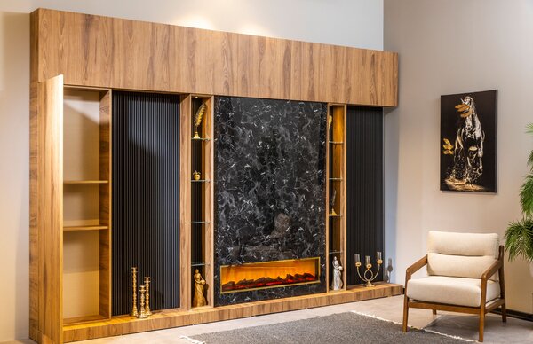 Comoda tv de lux cu semineu si panou de perete decorativ akdeniz 375/280 cm