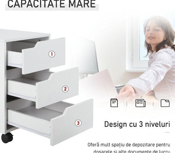 HOMCOM Dulăpior de Birou cu 3 Sertare, Mânere Ascunse, Dulăpior de Birou pe 4 Rotile, 40x50x57,5 cm, Alb | Aosom Romania