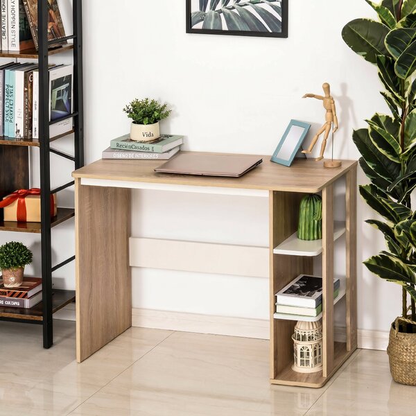 HOMCOM Birou Modern pentru Computer cu Raft cu 3 Etajere, Birou Modern din Lemn, 100x44x74 cm, Natural | Aosom Romania