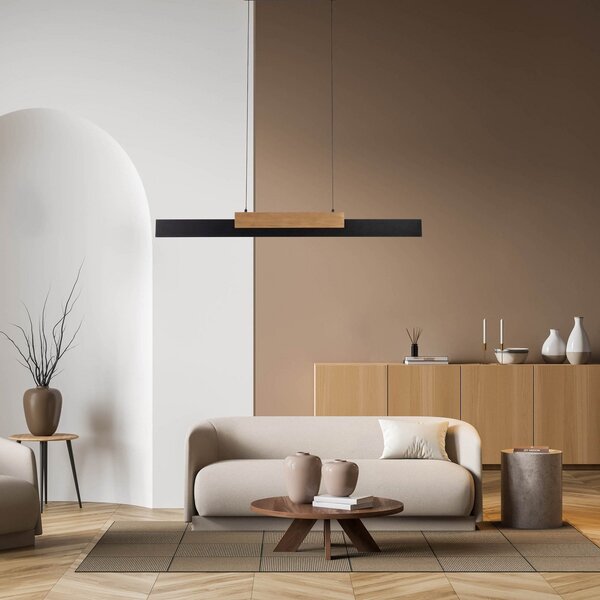 Näve Wiebke Lampă suspendată cu LED, detaliu din lemn negru 120,5 cm dimabil, reglabil, Negru, Camera de zi / sufragerie, Metal, Modern