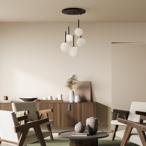 Maytoni Lampă suspendată Forma de bază, negru, Ø 58 cm, 5 becuri, reglabil, Negru, Camera de zi / sufragerie, Sticlă, Modern, glob