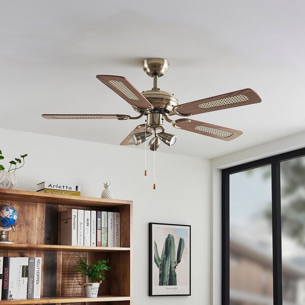 Lindby Ventilator de tavan cu lumină Anariki, silențios, din alamă, Auriu / Alamă, Camera de zi / sufragerie, Metal, Casă de țară / Rustic