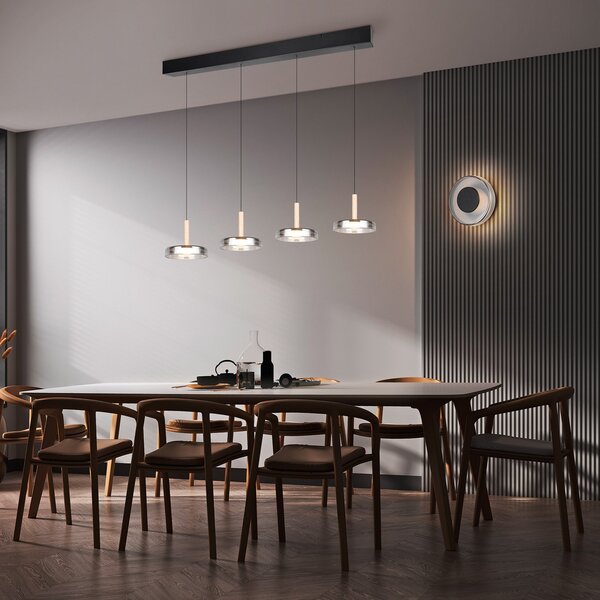 Trio Lighting Lampă suspendată LED Celeste crom/lemn 115 cm 4 becuri sticlă dimabil, reglabil, Metalic, Camera de zi / sufragerie, Sticlă, Modern