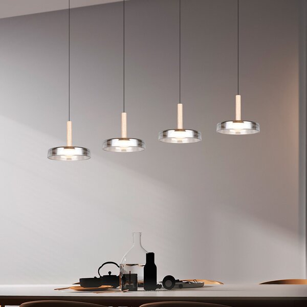 Trio Lighting Lampă suspendată LED Celeste crom/lemn 115 cm 4 becuri sticlă dimabil, reglabil, Metalic, Camera de zi / sufragerie, Sticlă, Modern