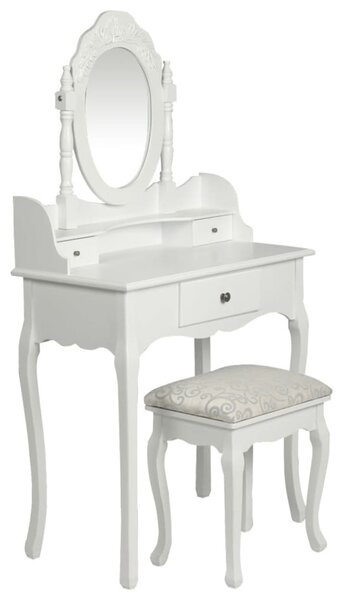 Masă de toaletă cu oglindă și taburet, alb