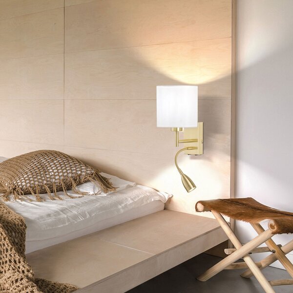 FISCHER & HONSEL Aplică de perete Dreamer LED braț lectură alamă/chintz alb, Auriu / Alamă, dormitor, Țesătură / Textil, Lumină de lectură