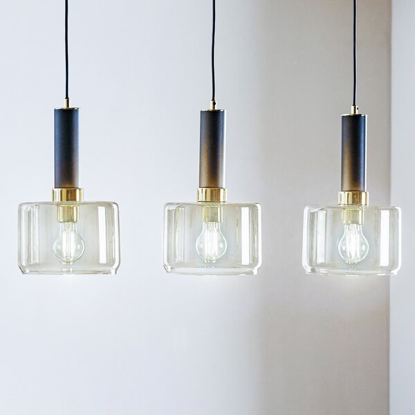 Jupiter Lampă suspendată Viva, fum/negru/alamă, 3 becuri, reglabil, Transparent, Camera de zi / sufragerie, Sticlă, Modern