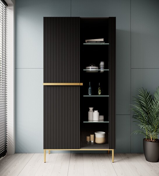 Vitrina Nicole 100 cm cu fata canelata - picioare negru mat / auriu