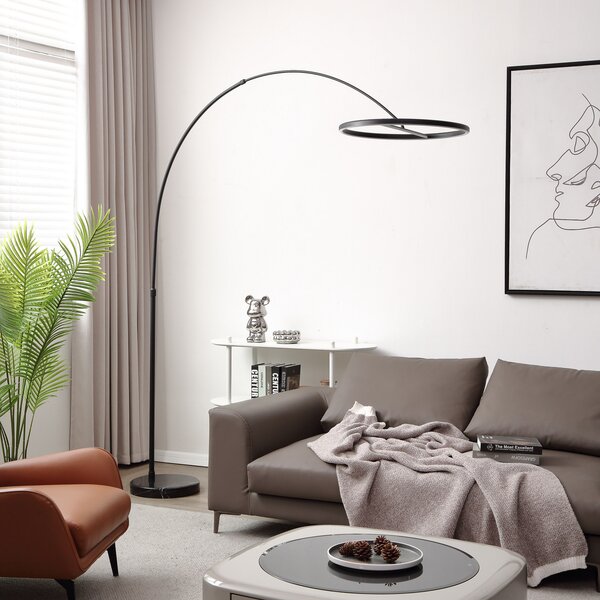 Lucande LED lampă de podea arcuită Virvera, rotundă, negru, metal, Negru, Camera de zi / sufragerie, Metal, Modern