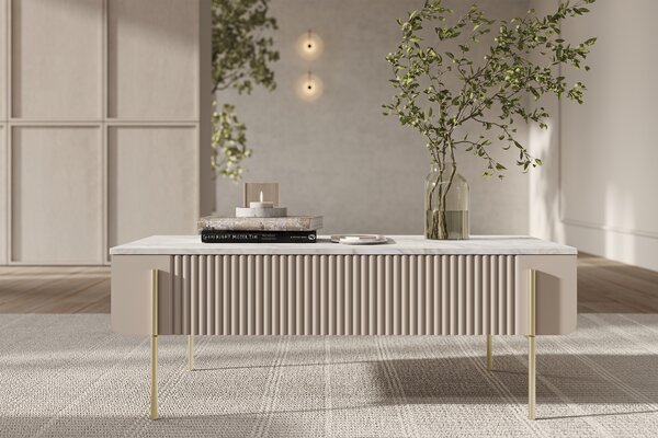 Măsuță de cafea Malmi 100 cm cu sertare - kaszmir / crema bianca / picioare aurii