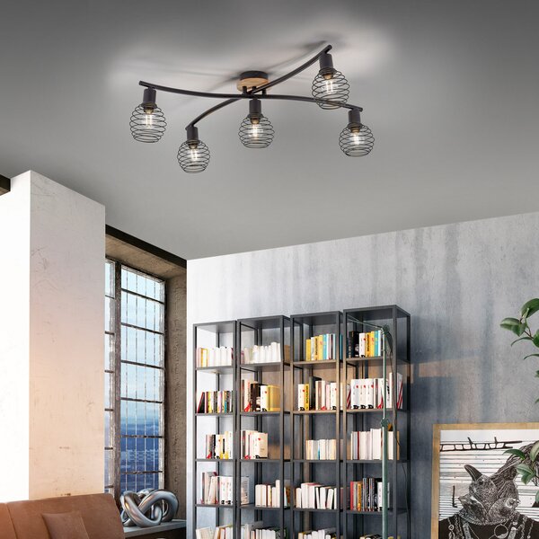 JUST LIGHT. GmbH Plafonieră Eugen, decor de lemn, 5 becuri, reglabil, Negru, Camera de zi / sufragerie, Metal
