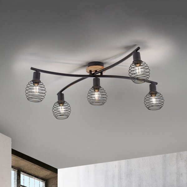 JUST LIGHT. GmbH Plafonieră Eugen, decor de lemn, 5 becuri, reglabil, Negru, Camera de zi / sufragerie, Metal
