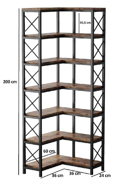 Biblioteca pentru colt din metal si pal melaminat 200x60x60x24 cm