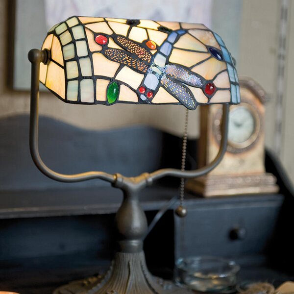Clayre&Eef Lampă bancher Dragonfly stil Tiffany, Multicolor, Studiu / Birou, Sticlă, Tiffany, Masă alt tip de masă