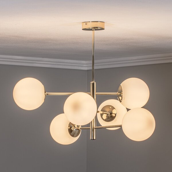 Euluna Lampă suspendată Aurora, auriu, 6 becuri, sticlă, metal, reglabil, Auriu / Alamă, Camera de zi / sufragerie, Metal