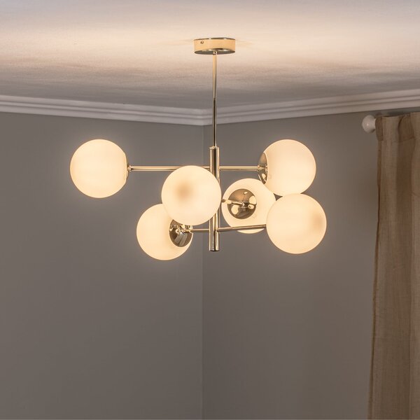 Euluna Lampă suspendată Aurora, auriu, 6 becuri, sticlă, metal, reglabil, Auriu / Alamă, Camera de zi / sufragerie, Metal