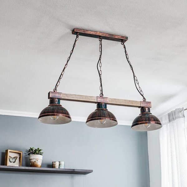 Luminex Lampă suspendată Hakon cu 3 becuri, maro ruginiu/lemn natural, reglabil, Maro / Rugină, Camera de zi / sufragerie, Metal, Vintage