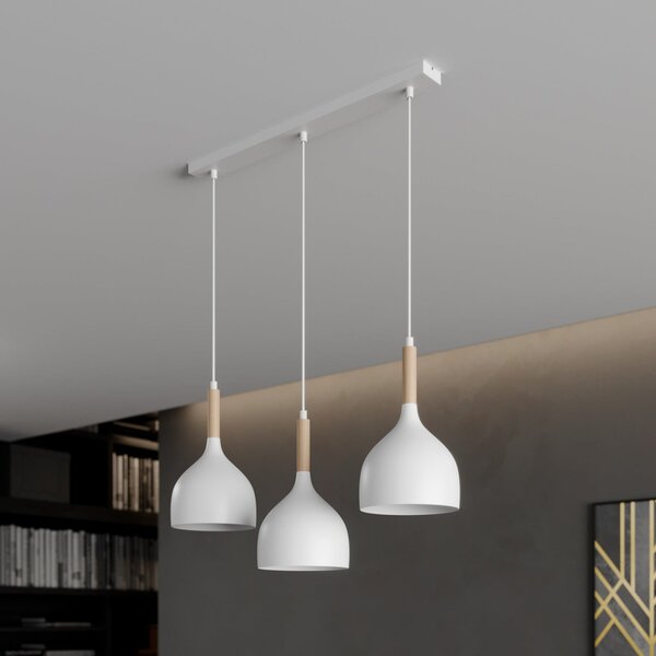 Luminex Lampă suspendată Noak, alb/lemn natural, 3 becuri lungă, reglabil, Alb, Camera de zi / sufragerie, Metal, Modern