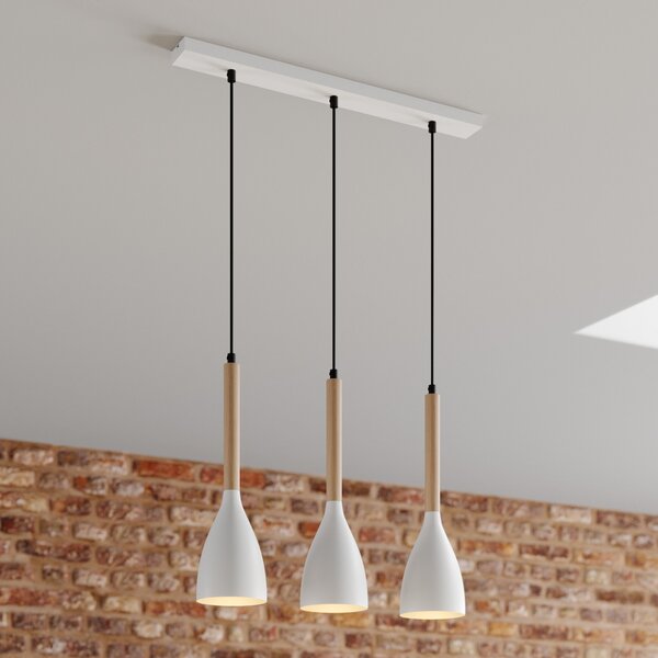 Luminex Lampă suspendată Muza, 3 becuri, alb/lemn deschis, reglabil, Alb, Camera de zi / sufragerie, Metal, Modern