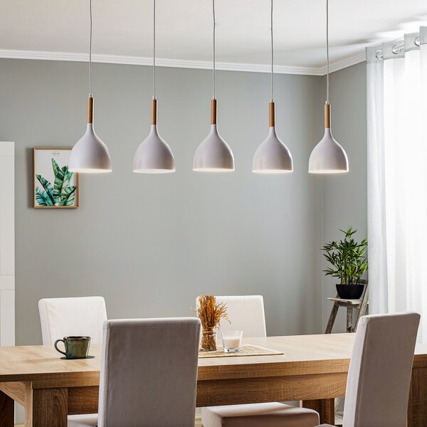 Luminex Lampă suspendată Noak 5 becuri lungă alb/lemn natural, reglabil, Alb, Camera de zi / sufragerie, Metal