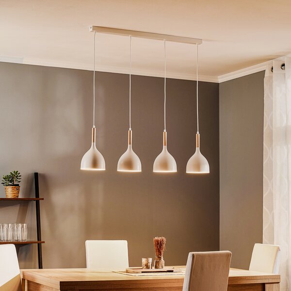 Luminex Lampă suspendată Noak, alb/lemn natural, 4 becuri lungă, reglabil, Alb, Camera de zi / sufragerie, Metal