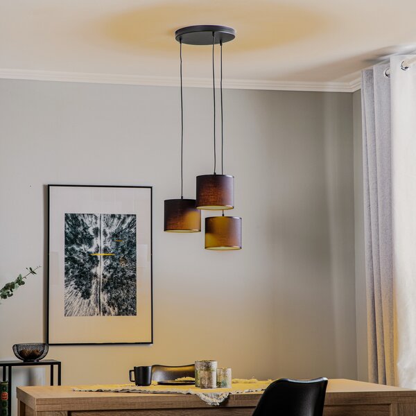 Luminex Lampă suspendată Soho, cilindrică, rotundă, 3 becuri albastru/auriu, reglabil, Albastru, Camera de zi / sufragerie, Țesătură / Textil, Modern