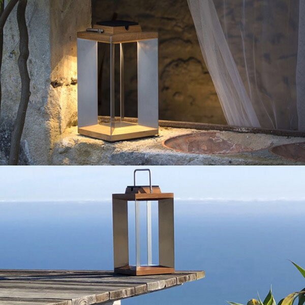 Les Jardins Lanternă solară Teckinox LED, tec/oțel, 45,5 cm, reglabil, Metalic, Lemn, Felinar