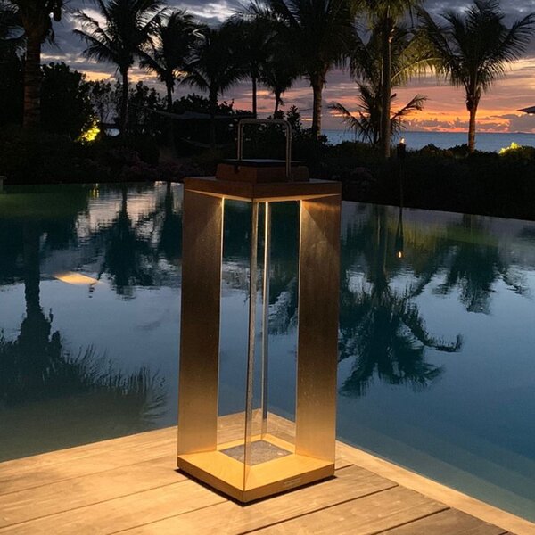 Les Jardins Lanternă solară Teckinox LED, tec/oțel, 65,5 cm, reglabil, Metalic, Lemn, Felinar