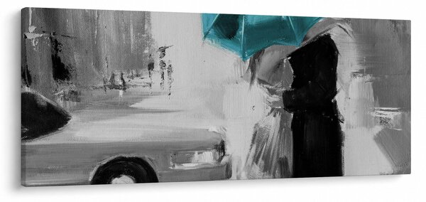 Tablou - Cuplu în dragoste cu umbrelă, albastru (120x50 cm)