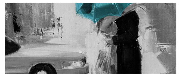 Tablou - Cuplu în dragoste cu umbrelă, albastru (120x50 cm)