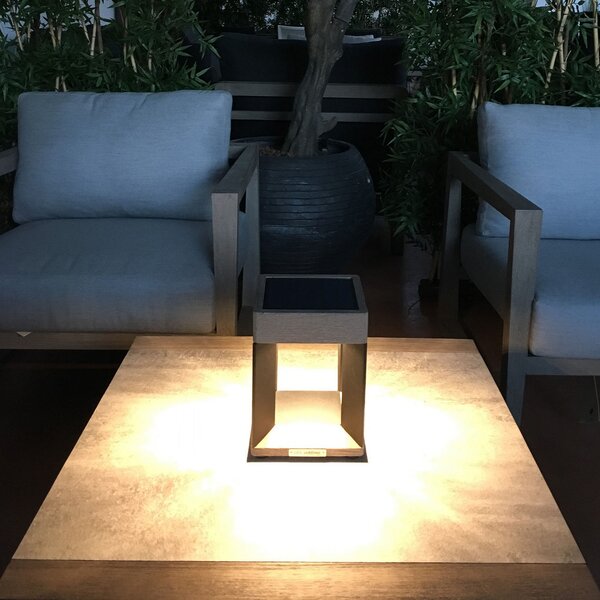 Les Jardins Lampă LED solară masă Teckalu, negru/lemn deschis, reglabil, Negru, Lemn