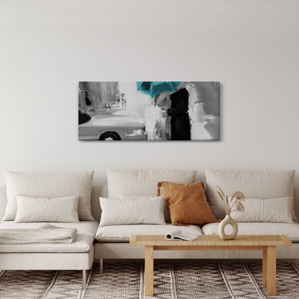 Tablou - Cuplu în dragoste cu umbrelă, albastru (120x50 cm)