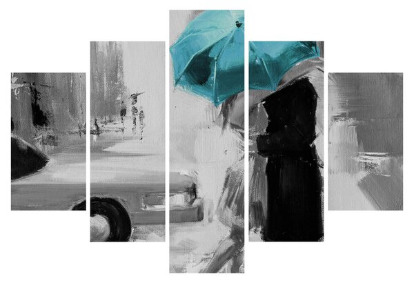 Tablou - Cuplu în dragoste cu umbrelă, albastru (150x105 cm)