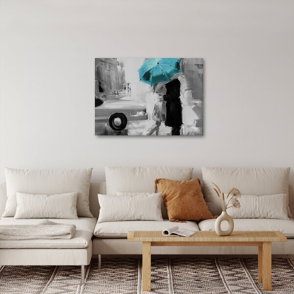 Tablou - Cuplu în dragoste cu umbrelă, albastru (70x50 cm)