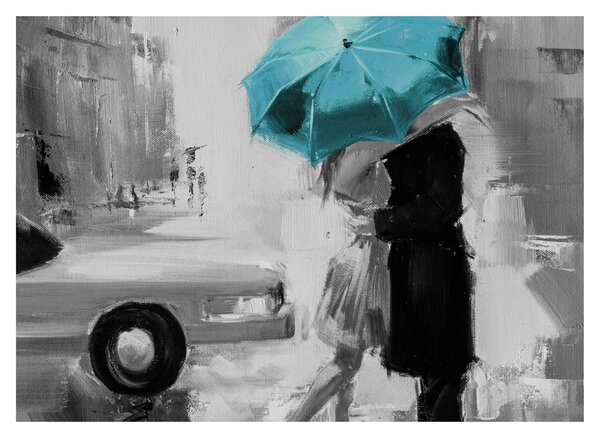 Tablou - Cuplu în dragoste cu umbrelă, albastru (70x50 cm)