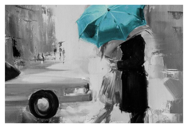 Tablou - Cuplu în dragoste cu umbrelă, albastru (90x60 cm)