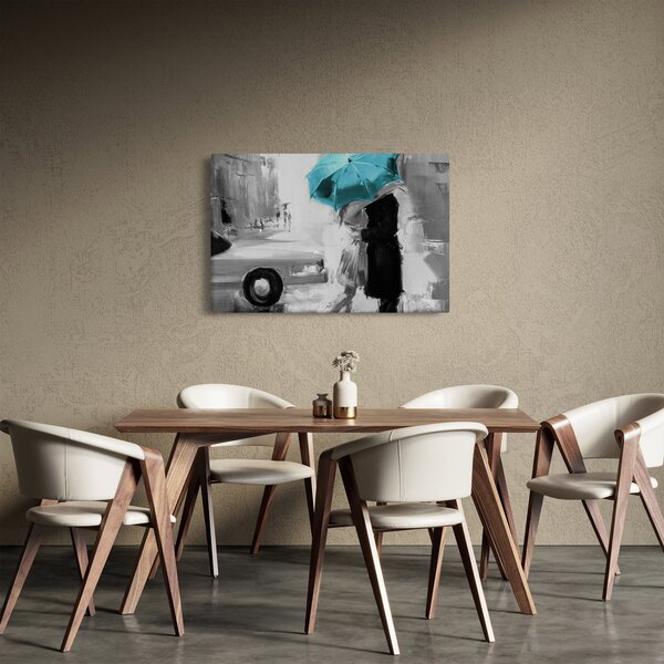 Tablou - Cuplu în dragoste cu umbrelă, albastru (90x60 cm)