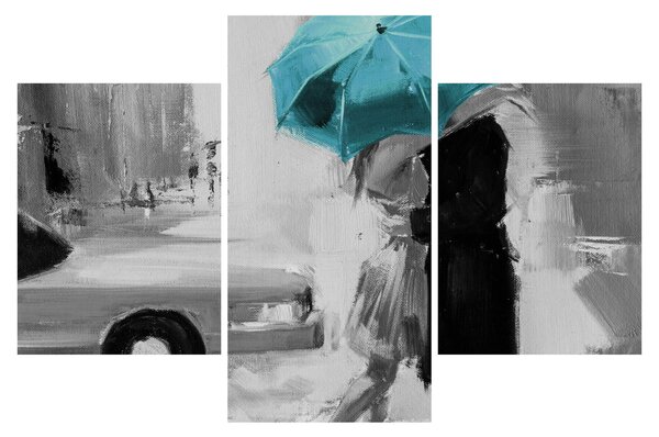 Tablou - Cuplu în dragoste cu umbrelă, albastru (90x60 cm)