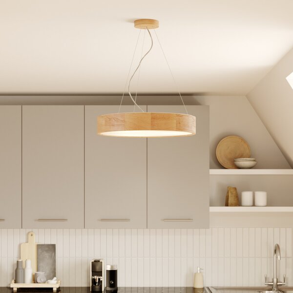 Envostar lampă suspendată Kerio, Ø 47 cm, lemn de stejar, reglabil, Lemn, Camera de zi / sufragerie, Lemn, Modern