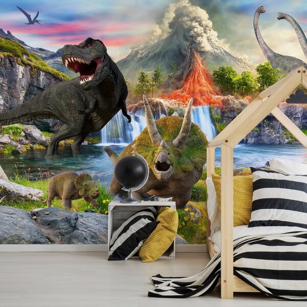 Fototapet - Dinozauri realiști - reptile în peisaj cu vulcan și cascadă