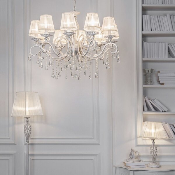 Maytoni Grace candelabru, alb, 10 becuri, organza, reglabil, Alb, Camera de zi / sufragerie, Cristal