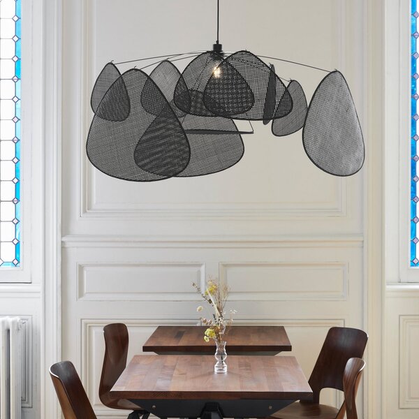 MARKET SET Lampă suspendată Screen XL, 60 cm, negru, ratan, reglabil, Negru, Camera de zi / sufragerie, Lemn, Design