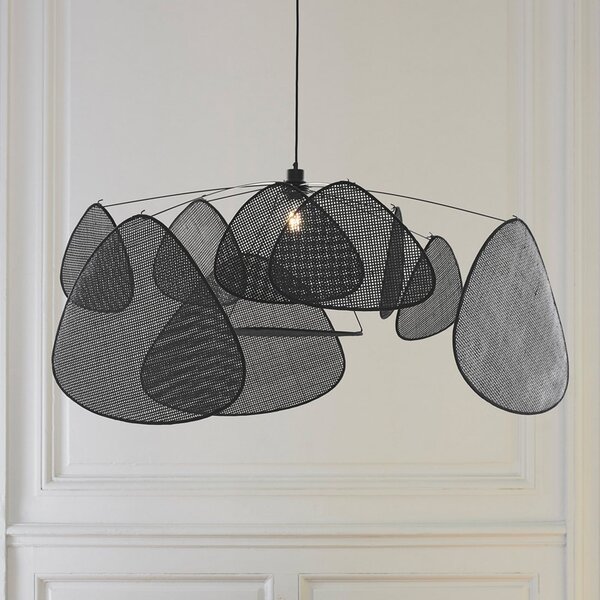 MARKET SET Lampă suspendată Screen XL, 60 cm, negru, ratan, reglabil, Negru, Camera de zi / sufragerie, Lemn, Design