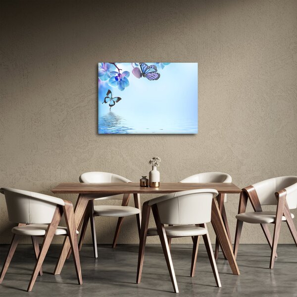 Tablou - Fluture pe flori de orhidee, albastru (70x50 cm)