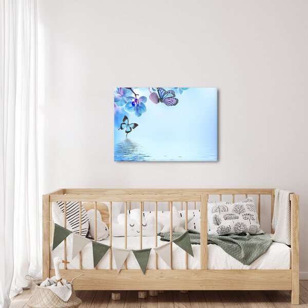 Tablou - Fluture pe flori de orhidee, albastru (70x50 cm)